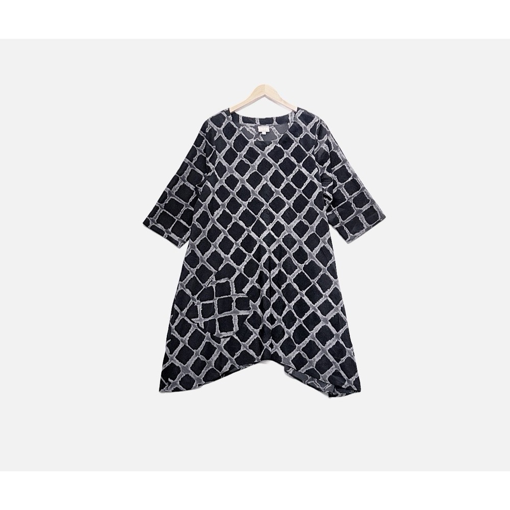 Nilgun Derman Niche Dress Asymmetric Lagenlook Size XL Black Gray Art to Wear